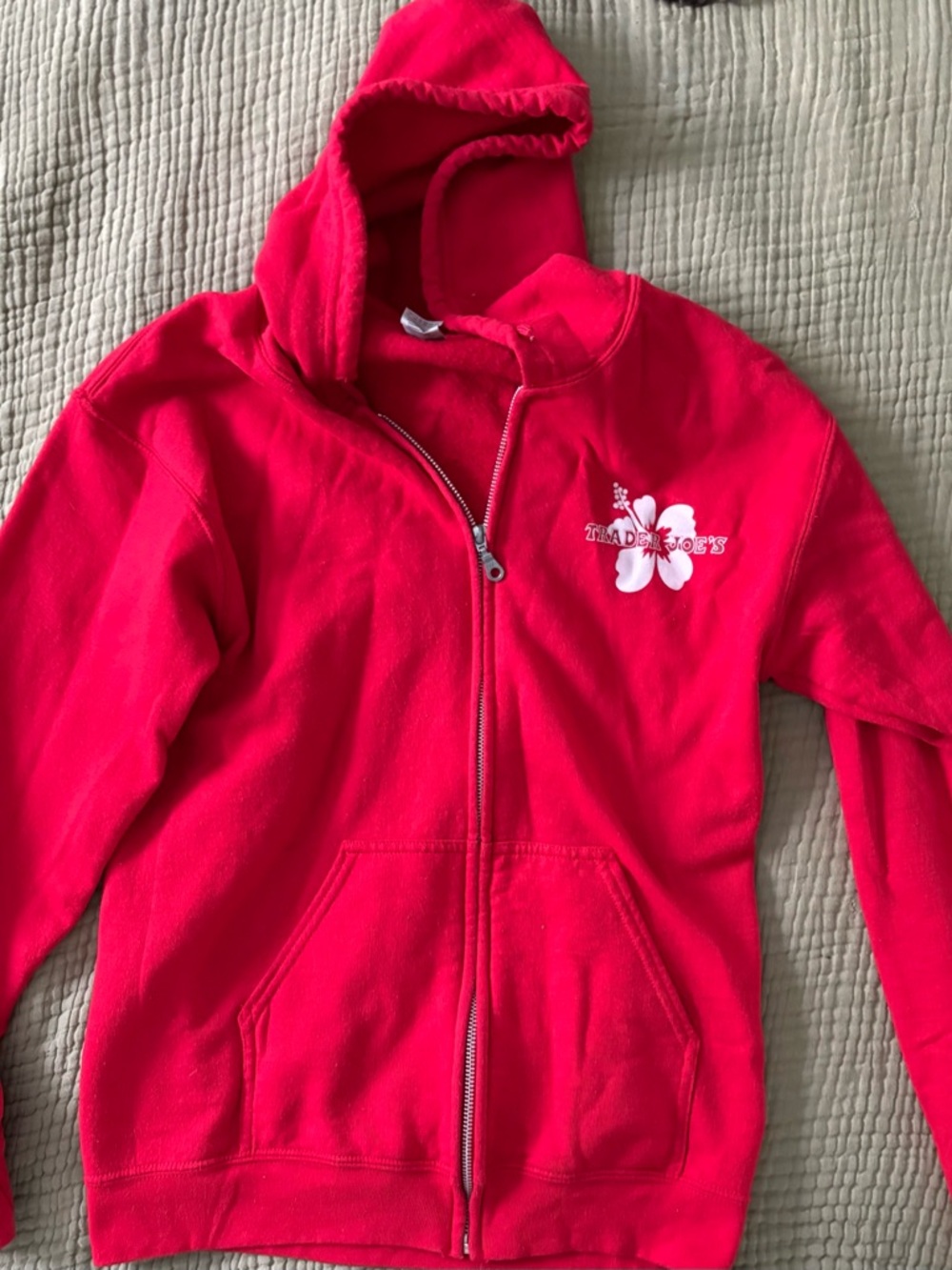Trader Joe's Women's Red Zip-Up Hoodie with White Hibiscus Logo - Picture 2 of 5